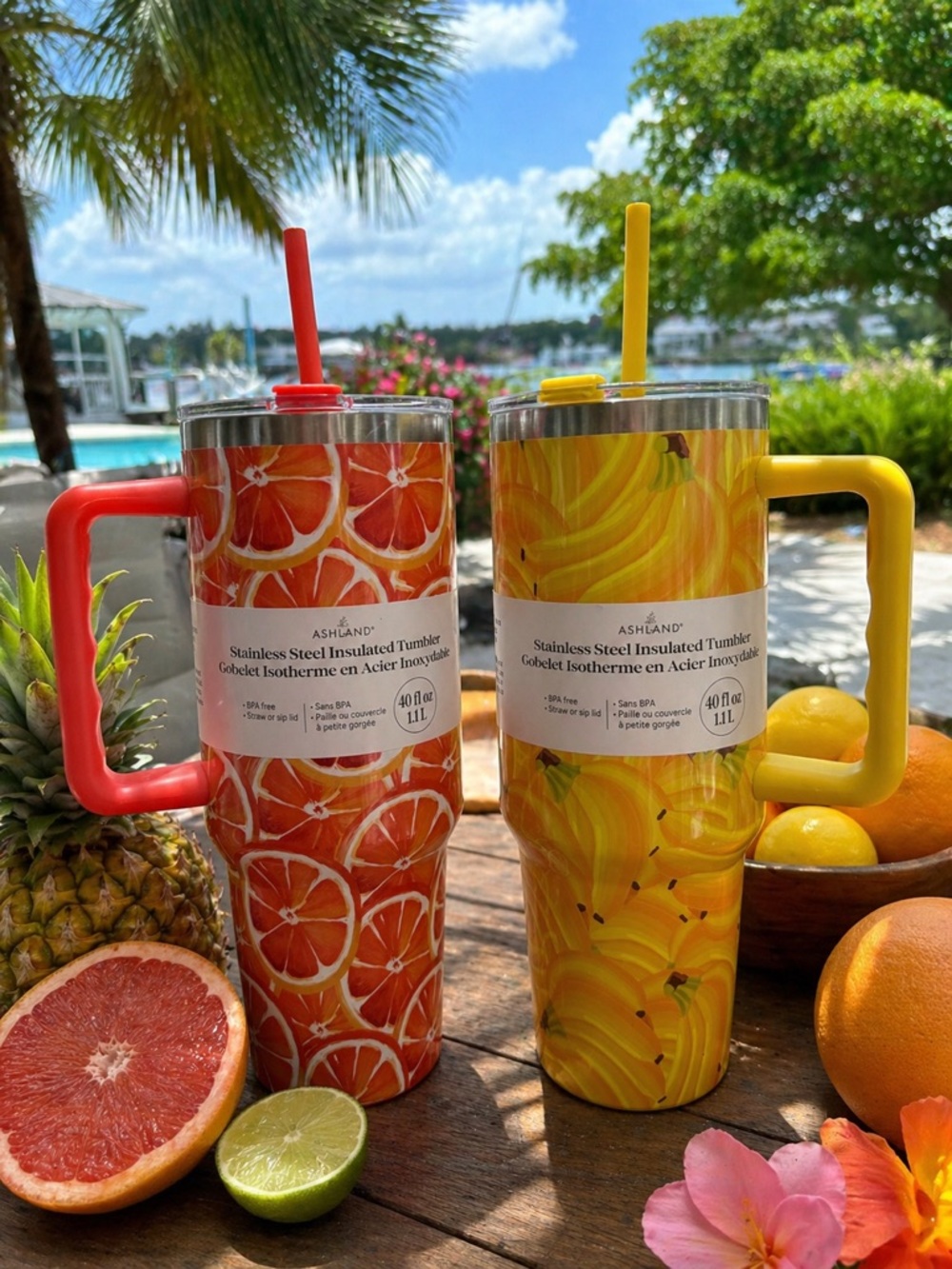 Set of 2 Ashland 40oz Insulated Tumblers w/ Straw Fruit Design New